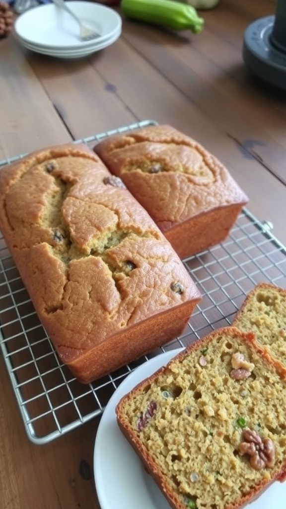 Two loaves of golden zucchini bread cooling on a rack, with slices on a plate.